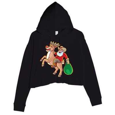 Santa Claus Riding A Reindeer Funny Christmas Cow Claus Gift Crop Fleece Hoodie