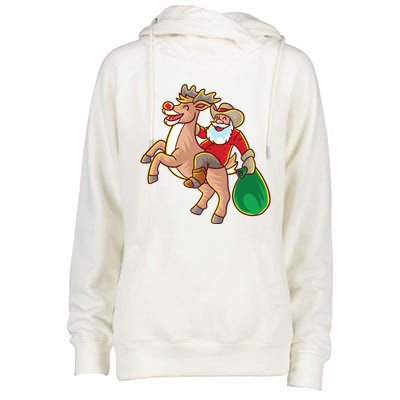 Santa Claus Riding A Reindeer Funny Christmas Cow Claus Gift Womens Funnel Neck Pullover Hood