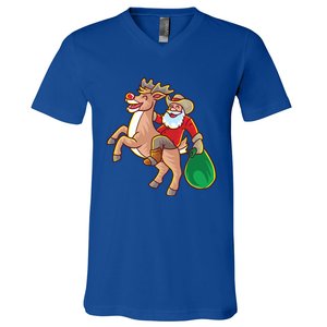 Santa Claus Riding A Reindeer Funny Christmas Cow Claus Gift V-Neck T-Shirt