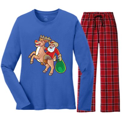 Santa Claus Riding A Reindeer Funny Christmas Cow Claus Gift Women's Long Sleeve Flannel Pajama Set 