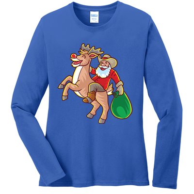 Santa Claus Riding A Reindeer Funny Christmas Cow Claus Gift Ladies Long Sleeve Shirt