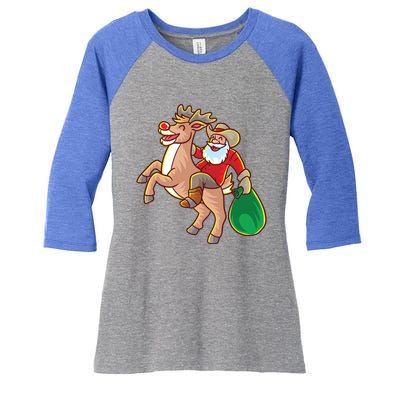 Santa Claus Riding A Reindeer Funny Christmas Cow Claus Gift Women's Tri-Blend 3/4-Sleeve Raglan Shirt