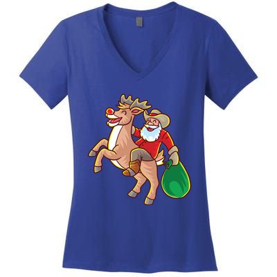 Santa Claus Riding A Reindeer Funny Christmas Cow Claus Gift Women's V-Neck T-Shirt