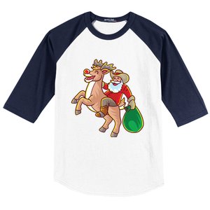 Santa Claus Riding A Reindeer Funny Christmas Cow Claus Gift Baseball Sleeve Shirt