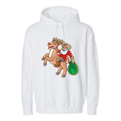 Santa Claus Riding A Reindeer Funny Christmas Cow Claus Gift Garment-Dyed Fleece Hoodie