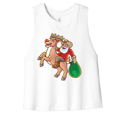 Santa Claus Riding A Reindeer Funny Christmas Cow Claus Gift Women's Racerback Cropped Tank