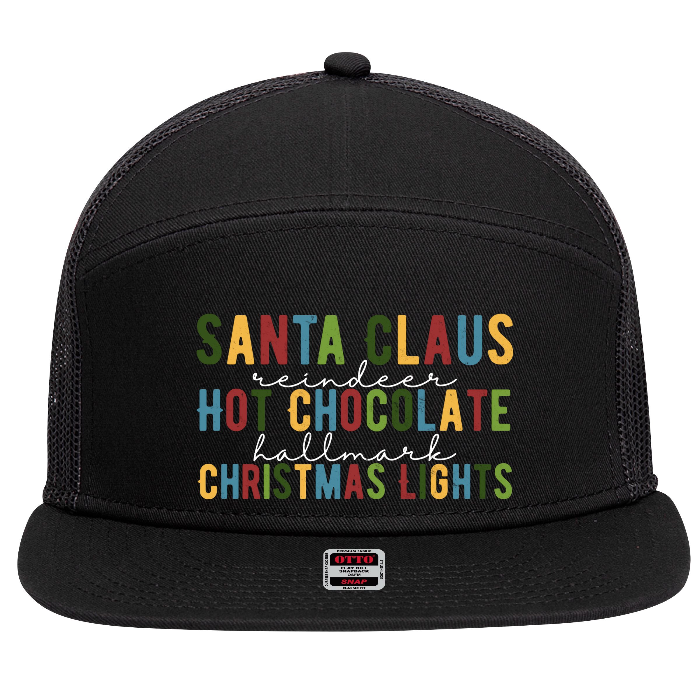 Santa Claus Reindeer Hot Chocolate Festive Chrsitmas 7 Panel Mesh Trucker Snapback Hat