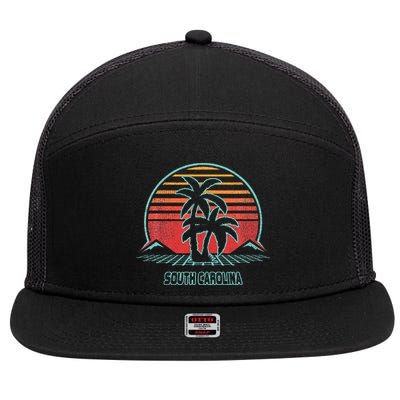South Carolina Retro Palm Tree Beach 80s Style 7 Panel Mesh Trucker Snapback Hat