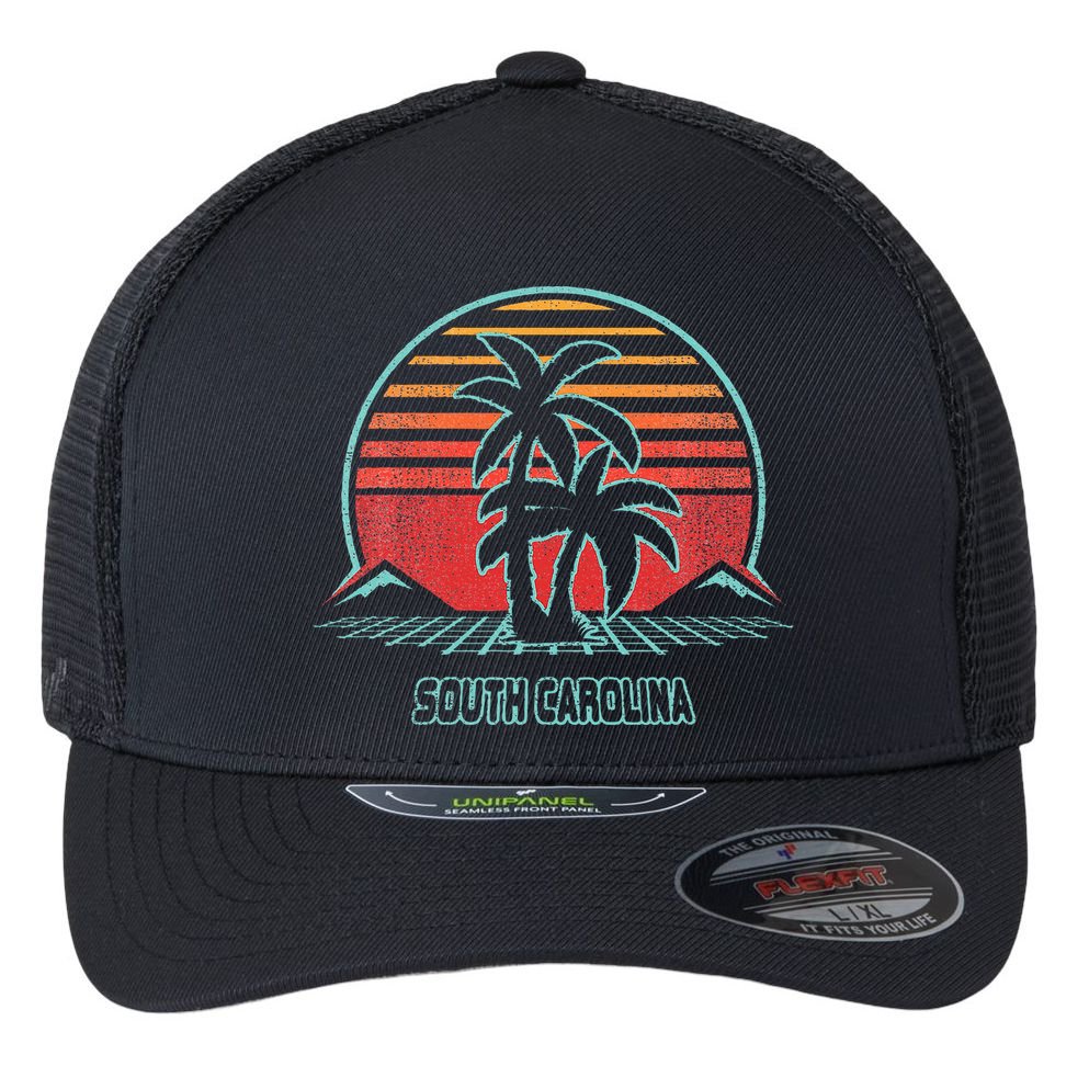 South Carolina Retro Palm Tree Beach 80s Style Flexfit Unipanel Trucker Cap