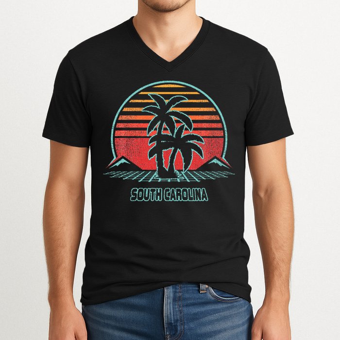 South Carolina Retro Palm Tree Beach 80s Style V-Neck T-Shirt