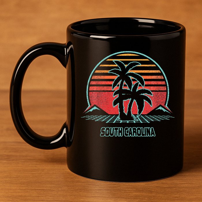 South Carolina Retro Palm Tree Beach 80s Style 11oz C Handle Ceramic Mug