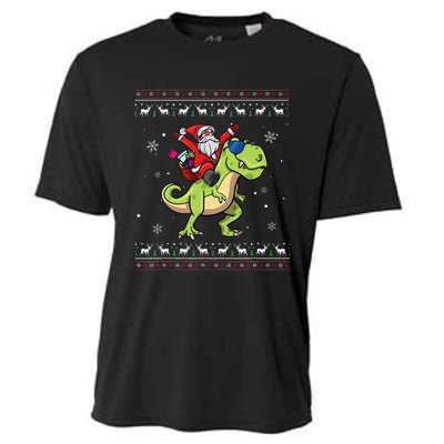 Santa Claus Riding Dinosaur T Rex Christmas Ugly Xmas Cooling Performance Crew T-Shirt