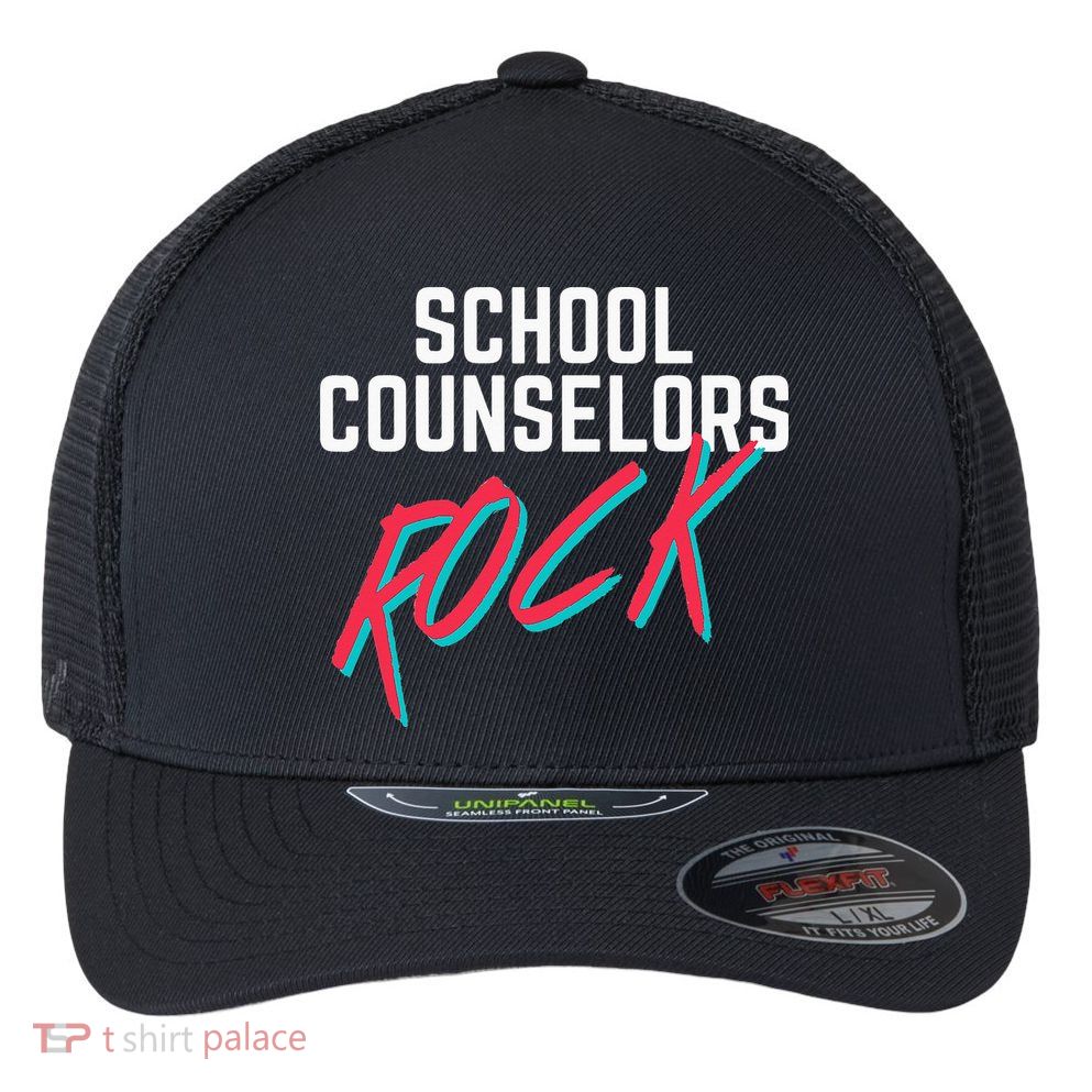 School Counselors Rock Cool Psychology Teacher Tee Flexfit Unipanel Trucker Cap