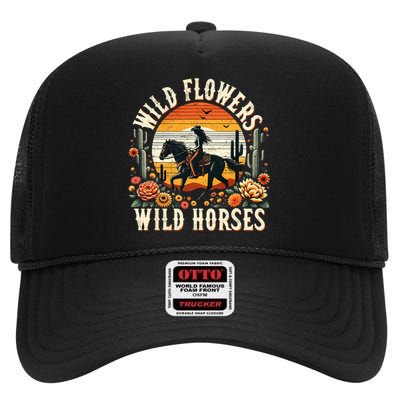 Sunset Cowgirl Riding Horse Wild Flowers Wild Horses High Crown Mesh Back Trucker Hat