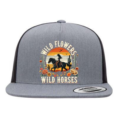 Sunset Cowgirl Riding Horse Wild Flowers Wild Horses Flat Bill Trucker Hat