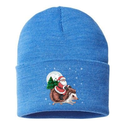 Santa Claus Riding Hedgehog Funny Christmas Tree Lights Cute Gift Sustainable Knit Beanie