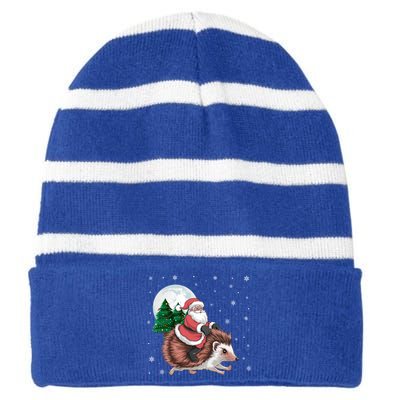 Santa Claus Riding Hedgehog Funny Christmas Tree Lights Cute Gift Striped Beanie with Solid Band