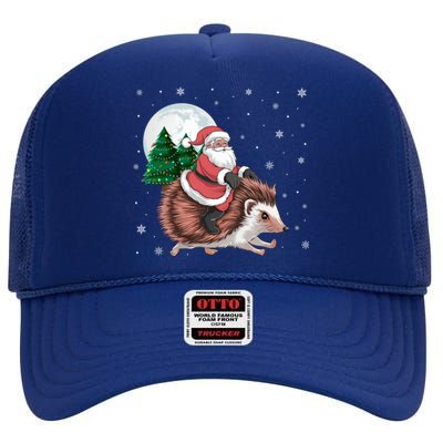 Santa Claus Riding Hedgehog Funny Christmas Tree Lights Cute Gift High Crown Mesh Back Trucker Hat