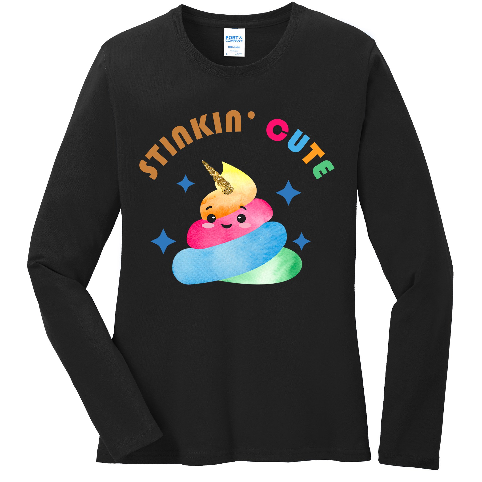 Stinkin Cute Rainbow Poop Unicorn Emoji Ladies Long Sleeve Shirt