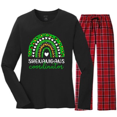 Shenanigans Coordinator Rainbow St Patricks Day Teacher Mom Women's Long Sleeve Flannel Pajama Set 