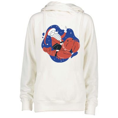 Santa Claus Riding Lobster Womens Funnel Neck Pullover Hood