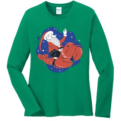 Santa Claus Riding Lobster Ladies Long Sleeve Shirt