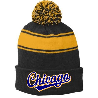 Script Chicago Logo Stripe Pom Pom Beanie