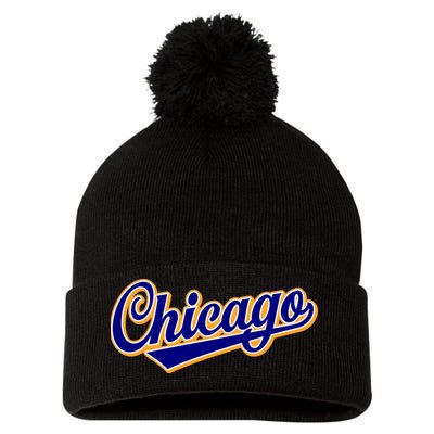 Script Chicago Logo Pom Pom 12in Knit Beanie