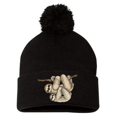 Sloth Couple Pom Pom 12in Knit Beanie