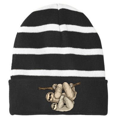 Sloth Couple Striped Beanie with Solid Band