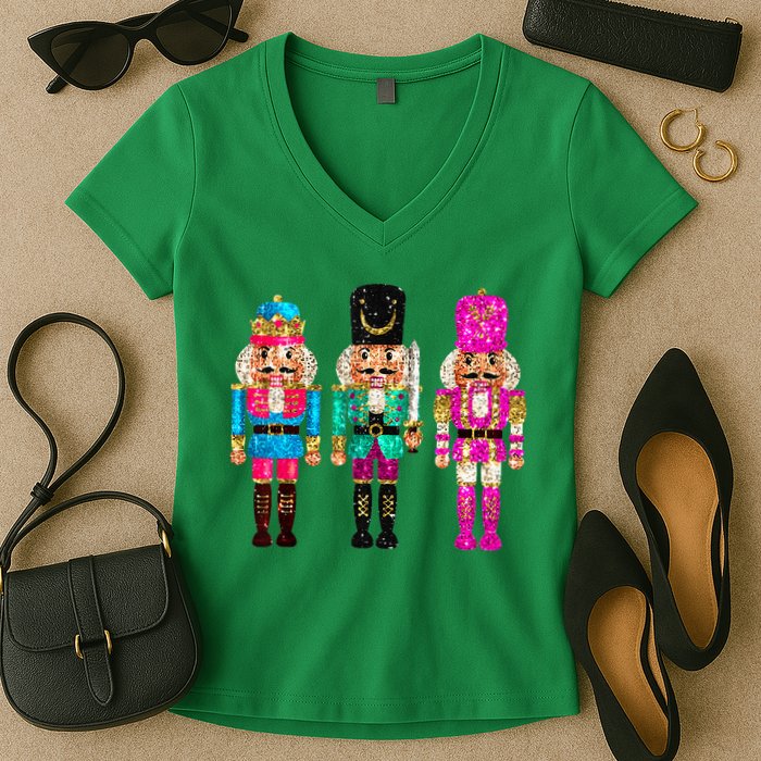 S.E.Q.U.I.N Cheerful S.P.A.R.K.L.Y Nutcrackers Christmas Women's V-Neck T-Shirt