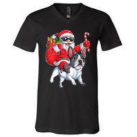 S Christmas Santa Claus Riding French Bulldog Xmas S Dog Vneck V-Neck T-Shirt