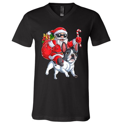 S Christmas Santa Claus Riding French Bulldog Xmas S Dog Vneck V-Neck T-Shirt