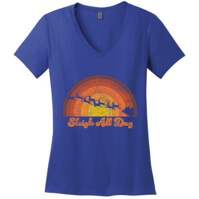 Santa Claus Sleigh All Day Retro Sunset Christmas Design Gift Women's V-Neck T-Shirt