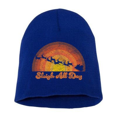 Santa Claus Sleigh All Day Retro Sunset Christmas Design Gift Short Acrylic Beanie