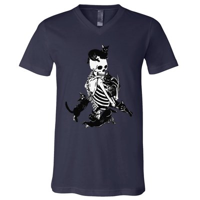 Skeleton Cat Skull Kitty Cute Cat Goth Halloween V-Neck T-Shirt