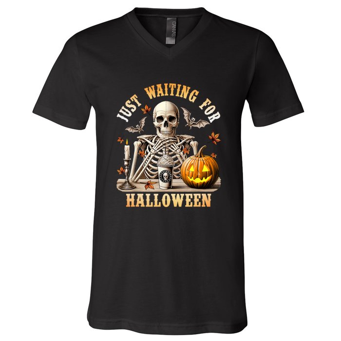 Skeleton Coffee Spooky Season Just Waiting For Halloween V-Neck T-Shirt