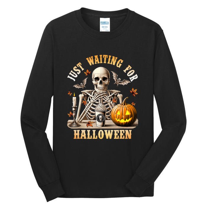 Skeleton Coffee Spooky Season Just Waiting For Halloween Tall Long Sleeve T-Shirt