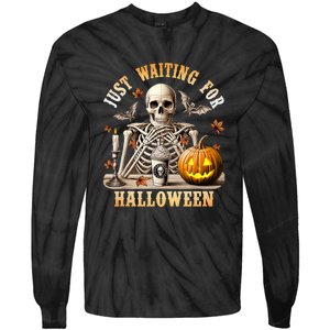 Skeleton Coffee Spooky Season Just Waiting For Halloween Tie-Dye Long Sleeve Shirt