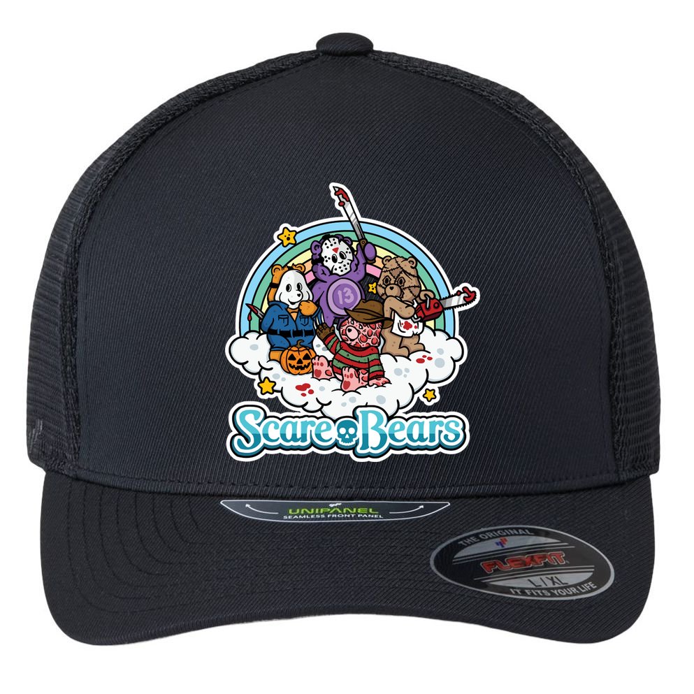 Scary Care Scare Bears Funny Halloween Horror Faces Custom Flexfit Unipanel Trucker Cap