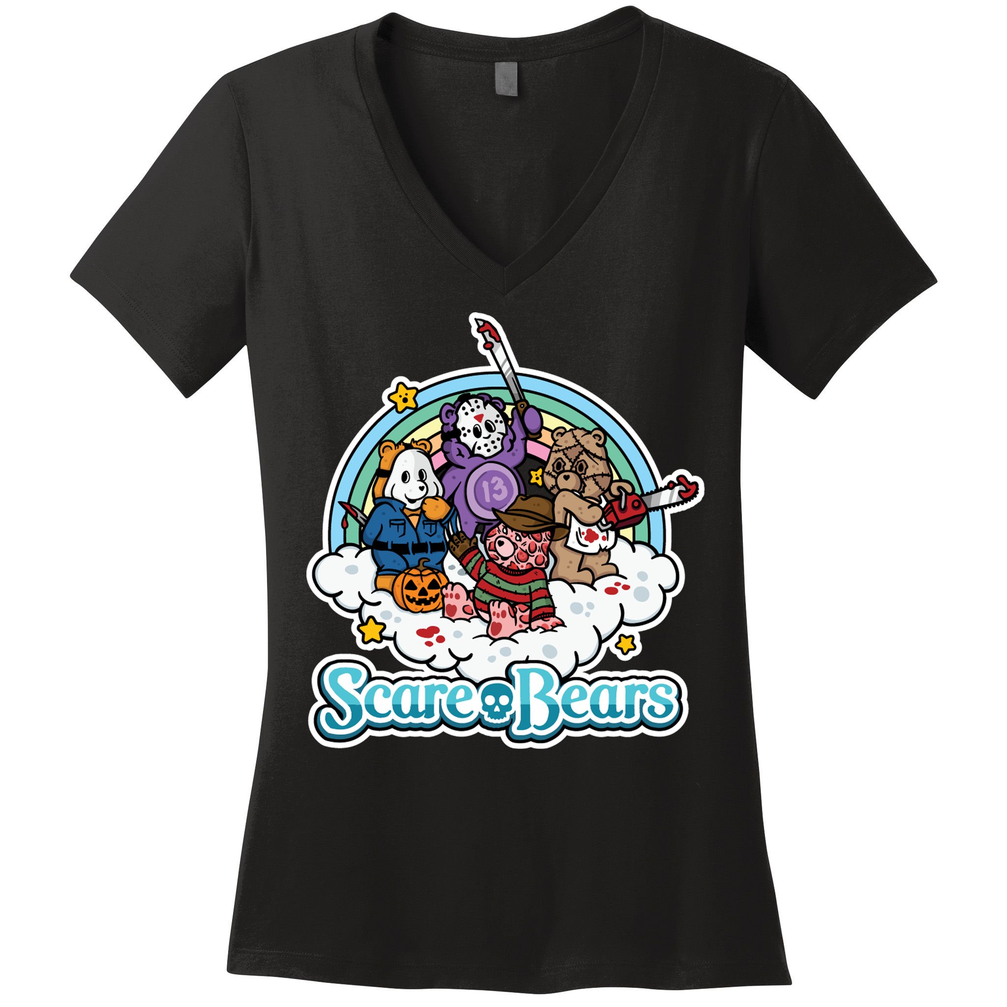 Scary Care Scare Bears Funny Halloween Horror Faces Custom Women's V-Neck T-Shirt
