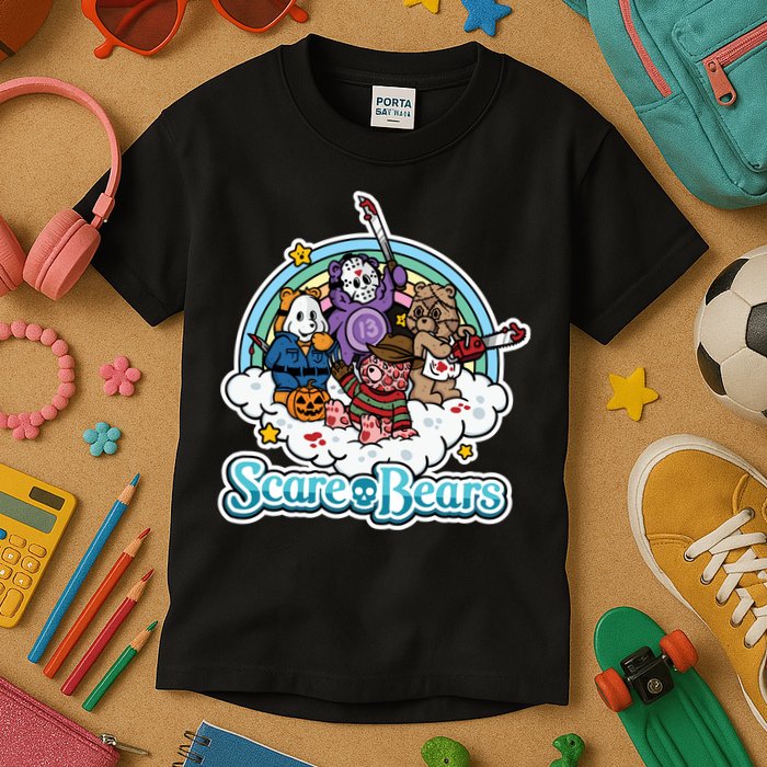 Scary Care Scare Bears Funny Halloween Horror Faces Custom Kids T-Shirt