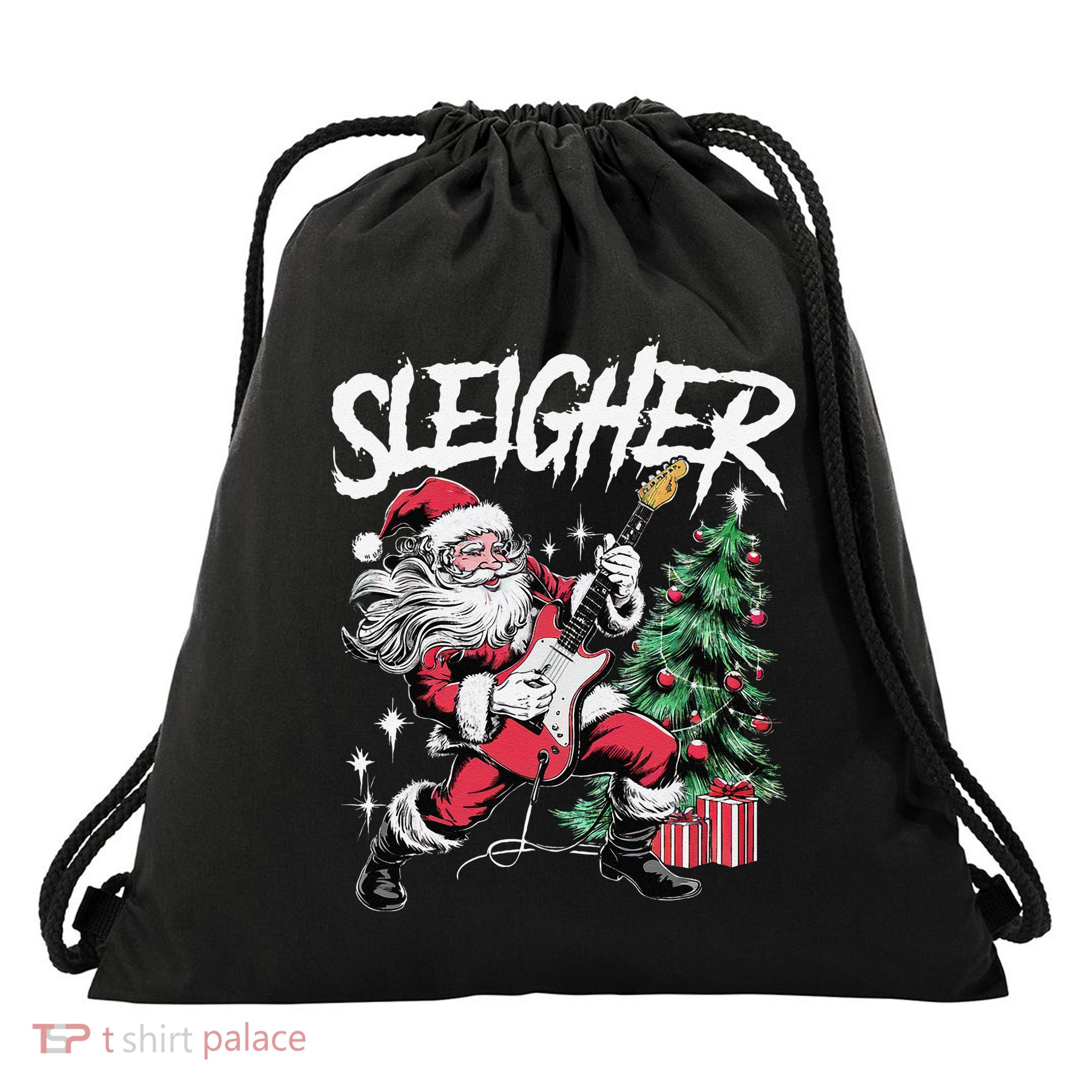 Sleigher Christmas Santa Playing Guitar Drawstring Bag