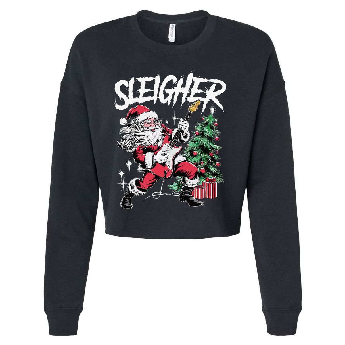 Sleigher Christmas Santa Playing Guitar Cropped Pullover Crew