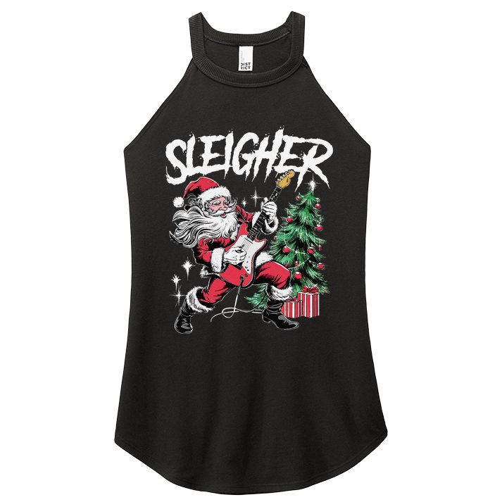 Sleigher Christmas Santa Playing Guitar Women's Perfect Tri Rocker Tank