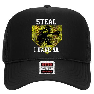 Softball Catcher Steal I Dare Ya Funny Player High Crown Mesh Back Trucker Hat