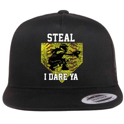 Softball Catcher Steal I Dare Ya Funny Player Flat Bill Trucker Hat