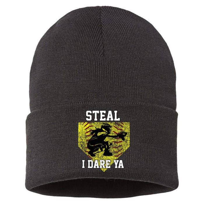 Softball Catcher Steal I Dare Ya Funny Player Sustainable Knit Beanie