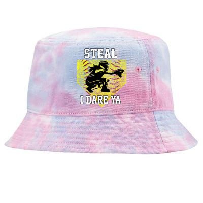 Softball Catcher Steal I Dare Ya Funny Player Tie-Dyed Bucket Hat