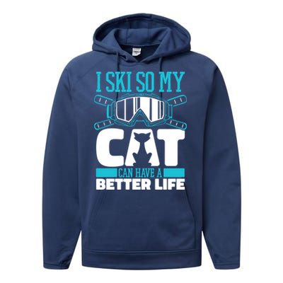 Skiing Cat Ski Gift Winter Sports Skier Gift Performance Fleece Hoodie